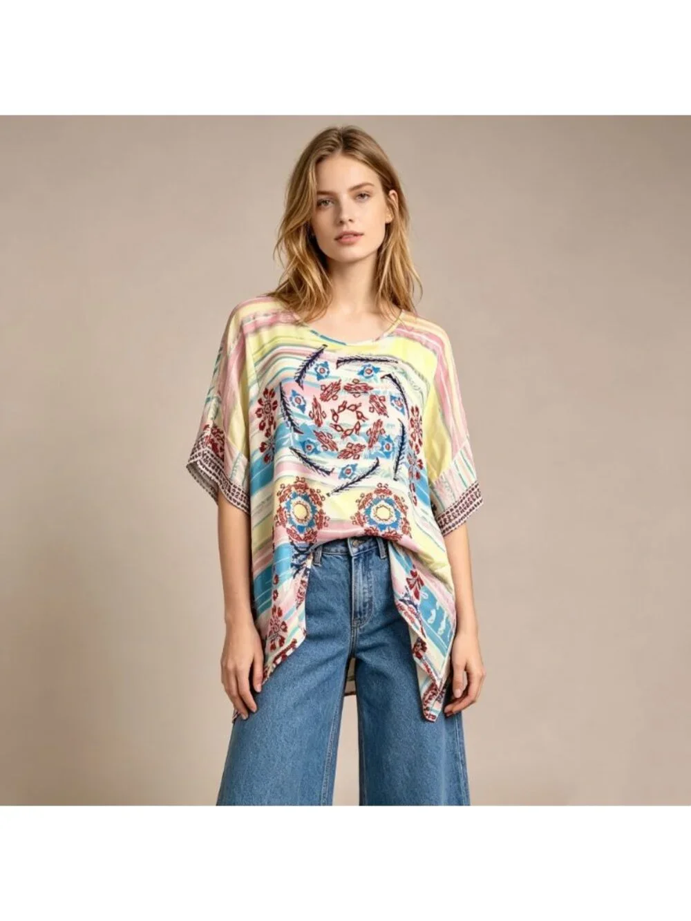 NWOT Johnny Was Floral Print Short Sleeves Multicolor Shirt Blouse Oversized S